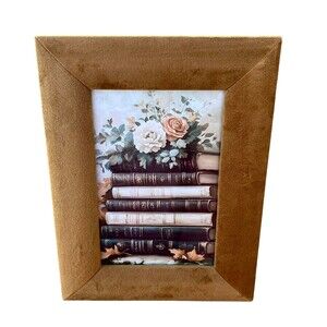 Suede Like Fabric Framed Shabby Chic Stacked Vintage Book Scene Art